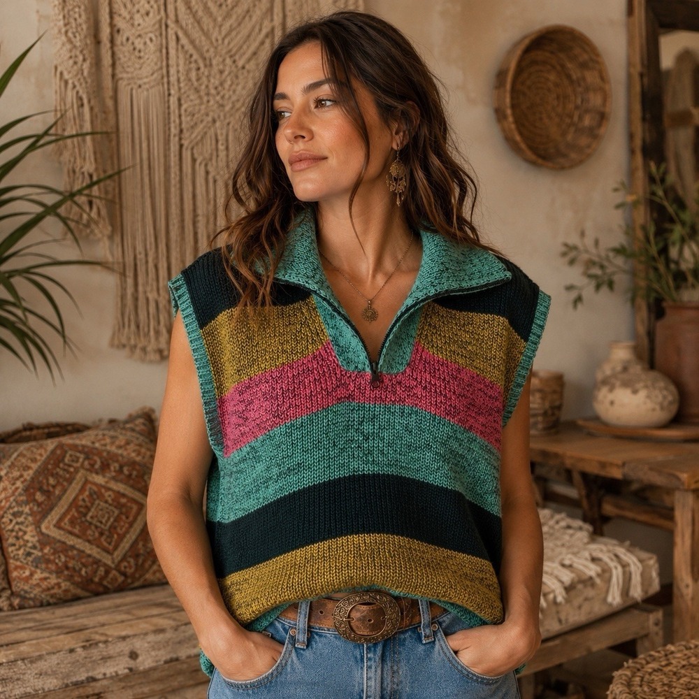 Anthropologie Farrow‎ Striped Quarter-Zip Poncho Vest Cozy Preppy Feminine OS